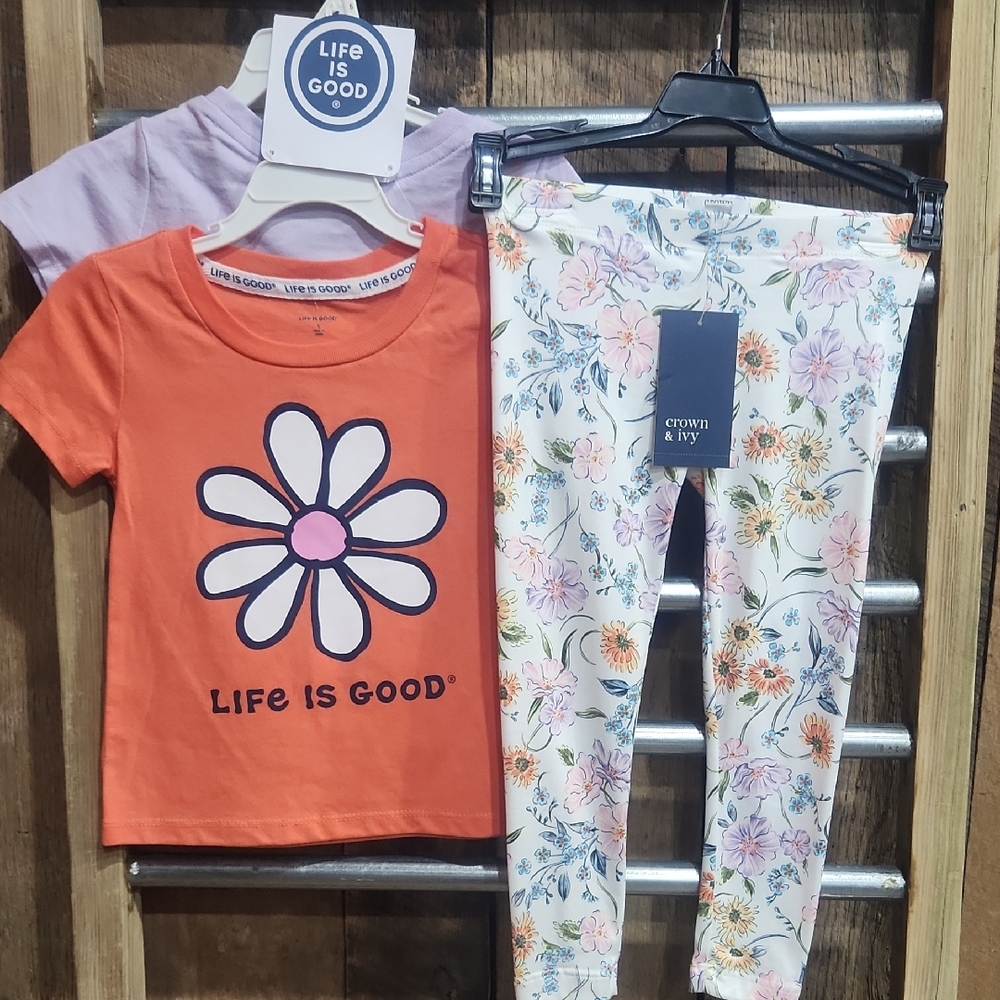 Life is Good Orange T-Shirt and Floral Leggings Set